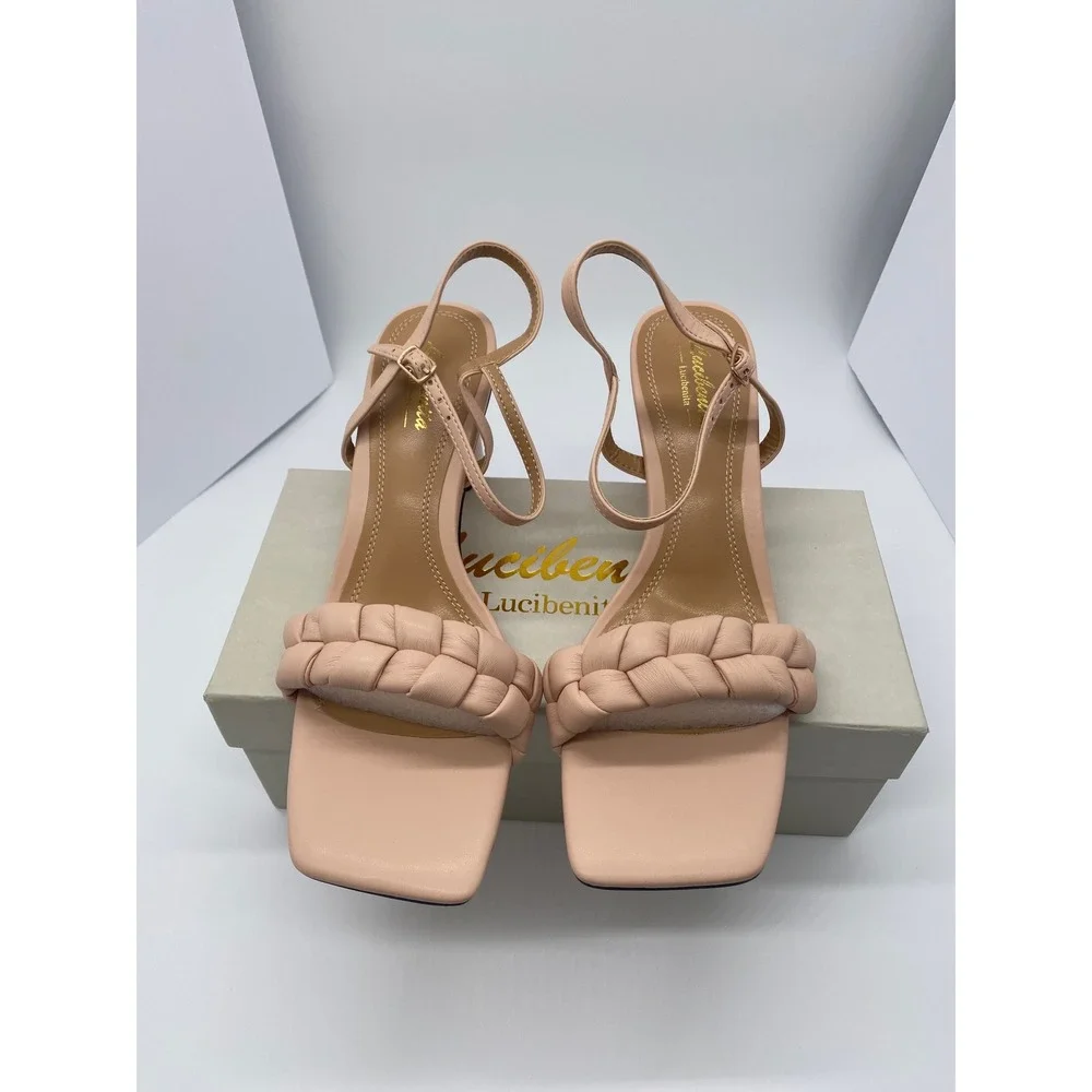 Lucibenita Nude Braided Square Toe Block Heel Sandals Ankle Strap Size 9.5 NEW